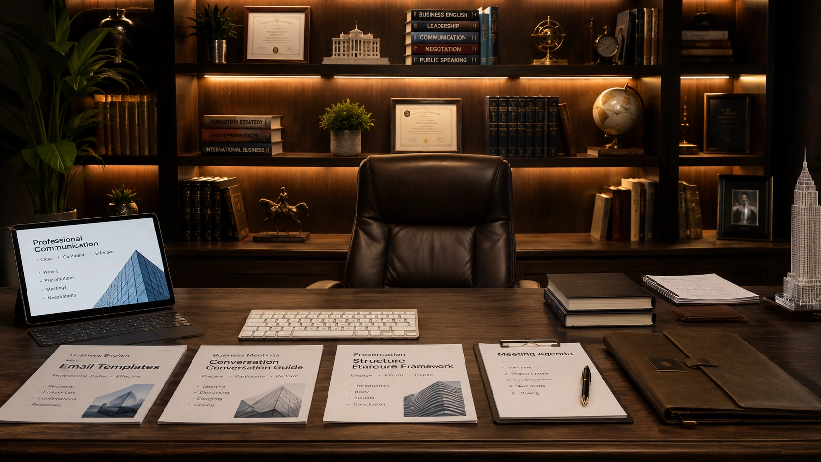 Professional office desk with Business English study materials and templates