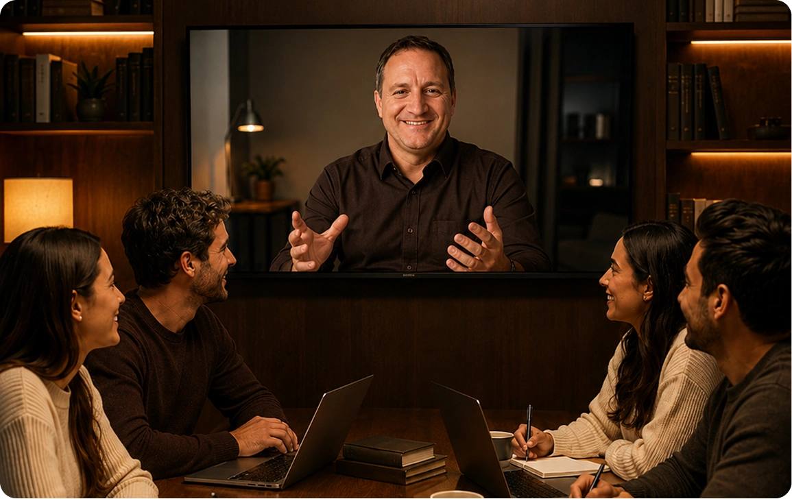 Pete teaching a Business English video call lesson with a group of professionals