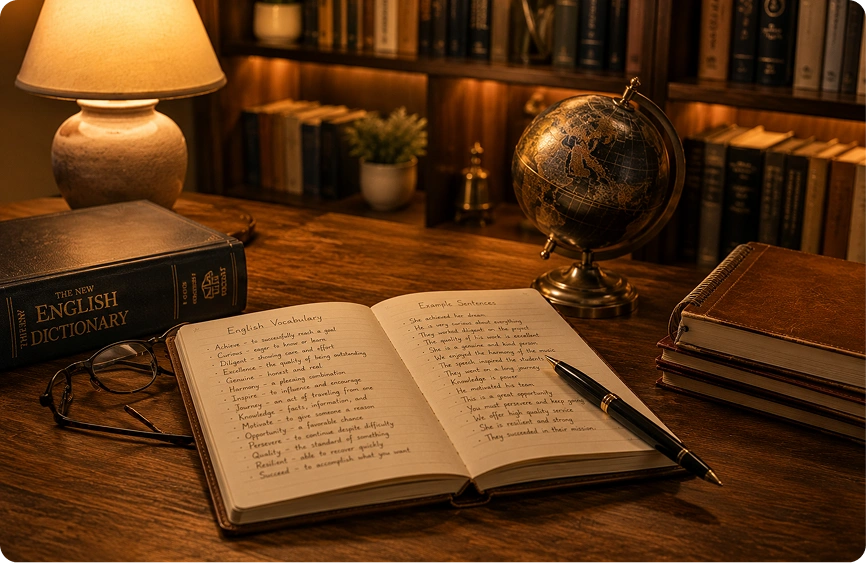 Open book and English dictionary on a desk for Story English lessons