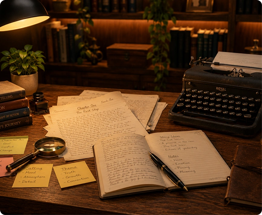 Vintage typewriter and script pages representing Drama English storytelling lessons