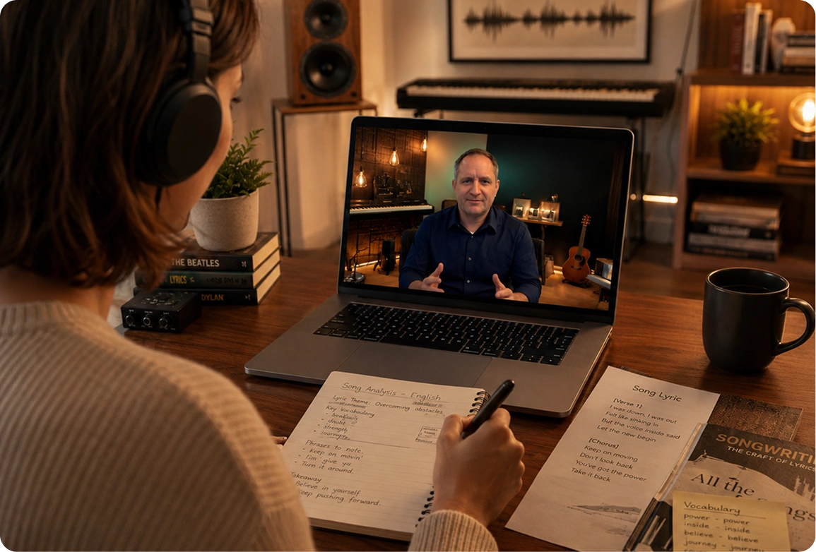 Student learning English through music on a video call with Pete