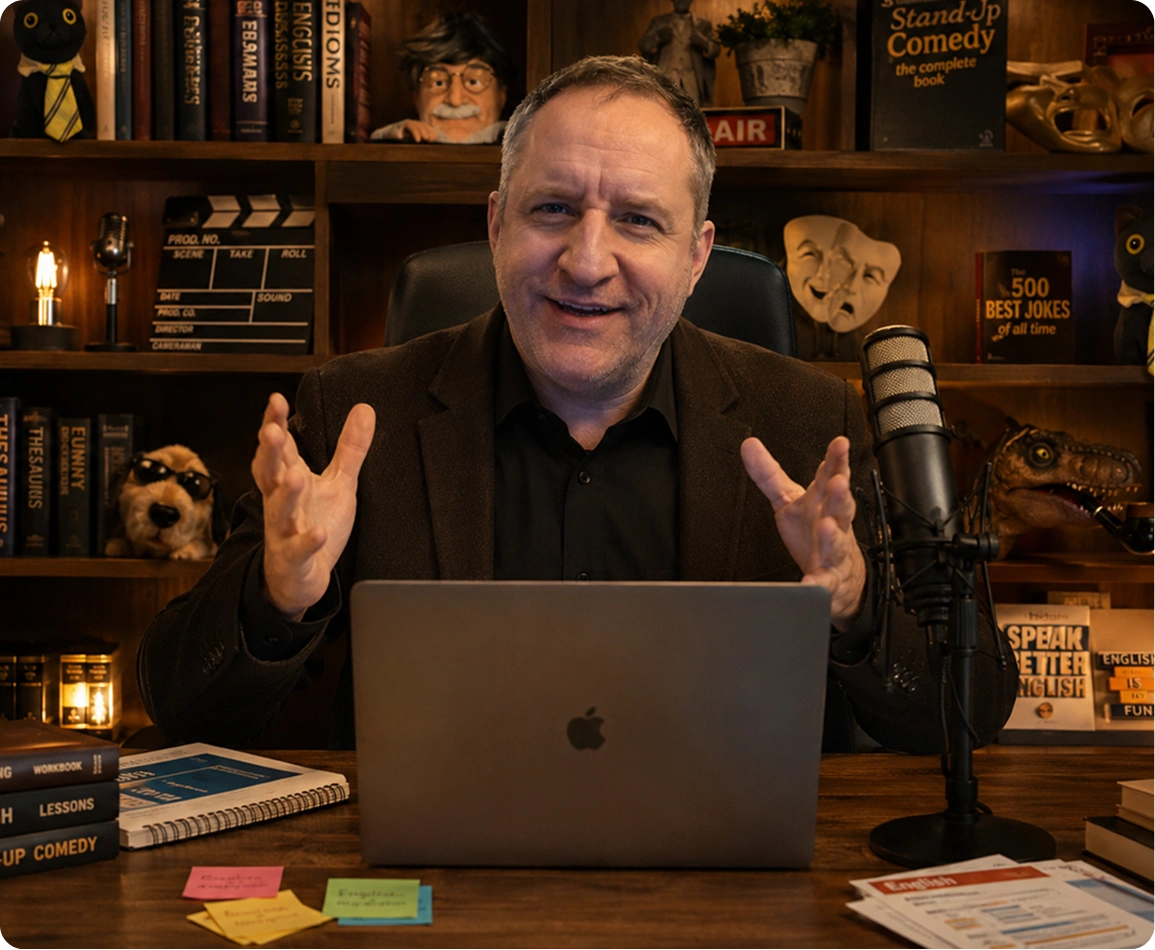 Pete presenting an Edutainment English lesson on a video call