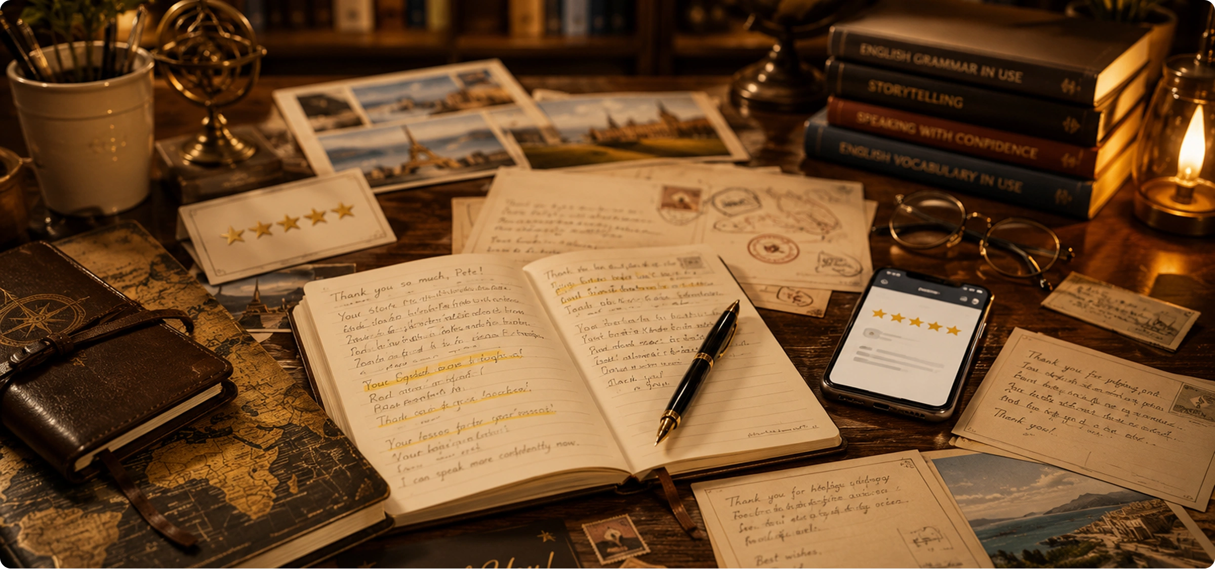 Handwritten thank-you notes and five-star reviews from Pete's Lab students