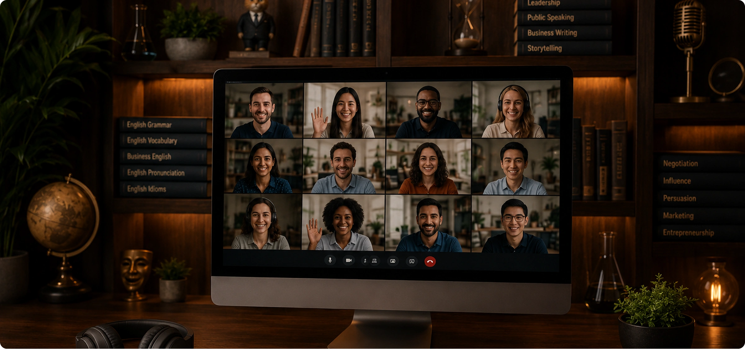Pete's Lab students on a group video call in the English community