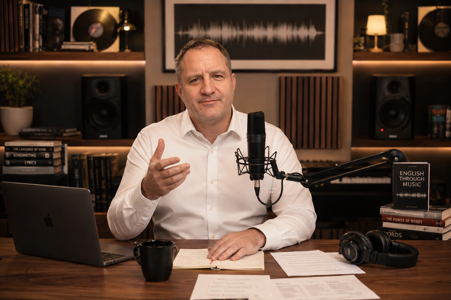 Pete in a home studio explaining why music works for learning English